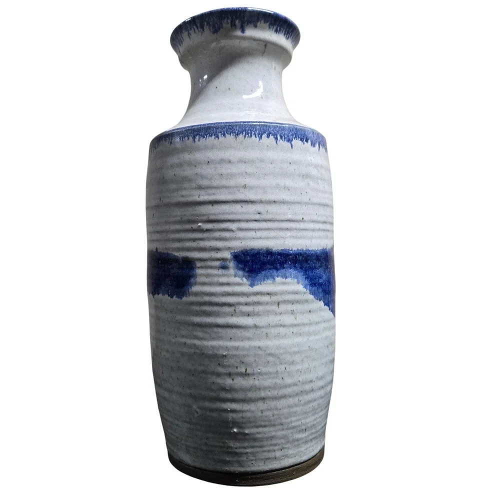 Studio Pottery Vase White Blue Ribbed Stoneware Handmade Decor 13